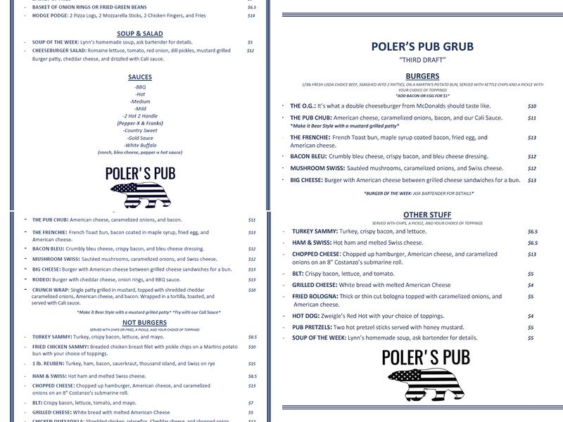 POLER'S PUB Menu