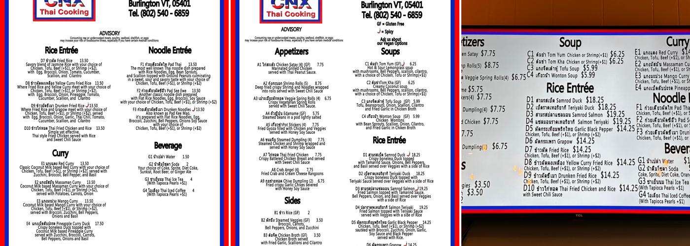 CNX Thai Cooking Menu