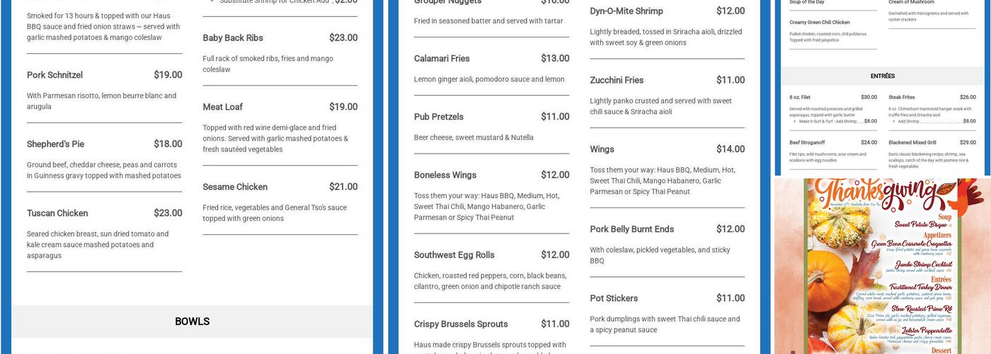 Clear Sky Club Haus Menu