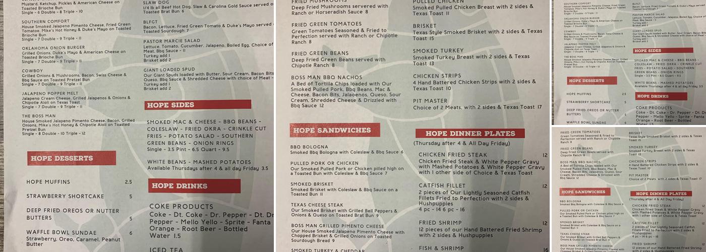 Hope Café & Bbq Menu