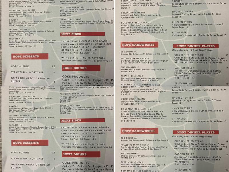 Hope Café & Bbq Menu