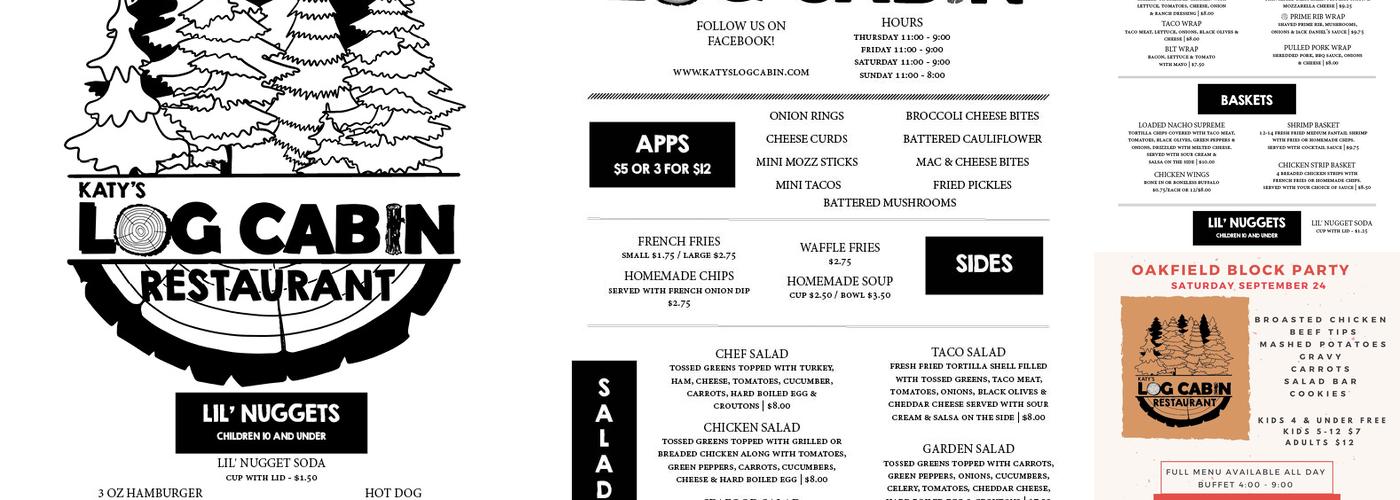 Katy’s Log Cabin Restaurant Menu