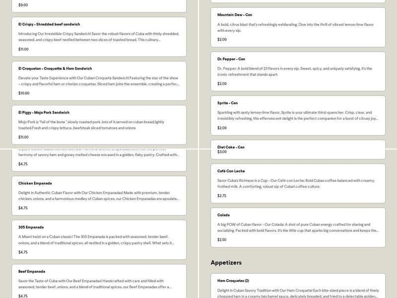 Old Havana Cafe Menu