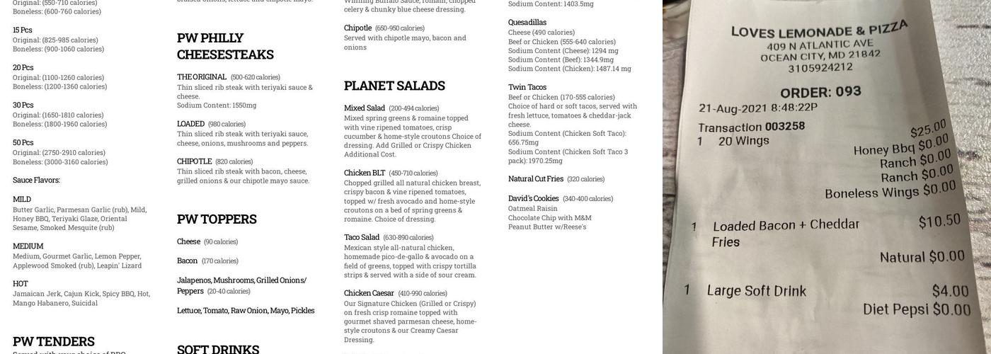 Planet Wings & Love's Lemonade Menu