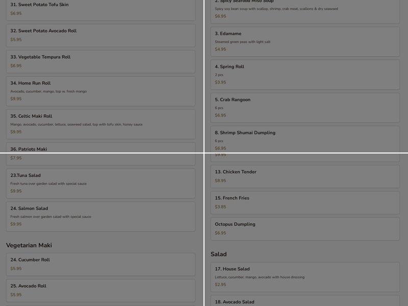 Avana sushi 3 & seafood restaurant Menu