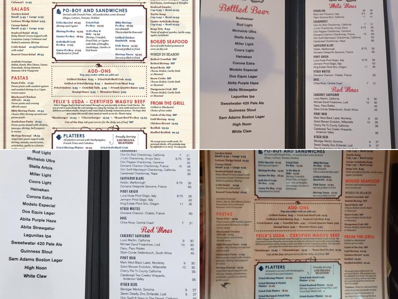 Felix's Restaurant & Oyster Bar Menu
