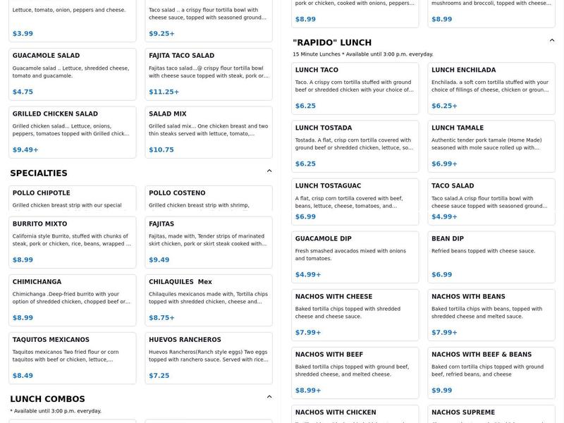 El Lago Mexican Restaurant ( Nixa Mo ) Menu