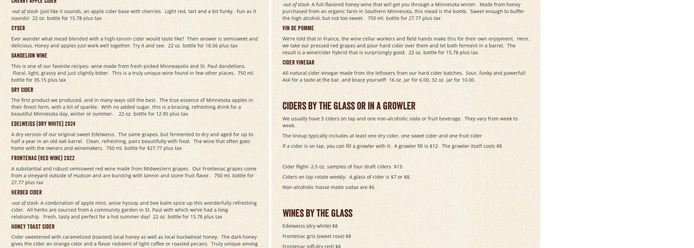 Urban Forage Winery and Cider House Menu