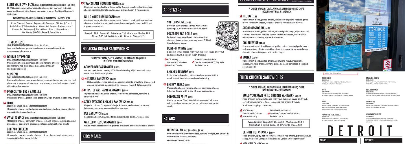 Transplant Detroit Style Pizza Menu