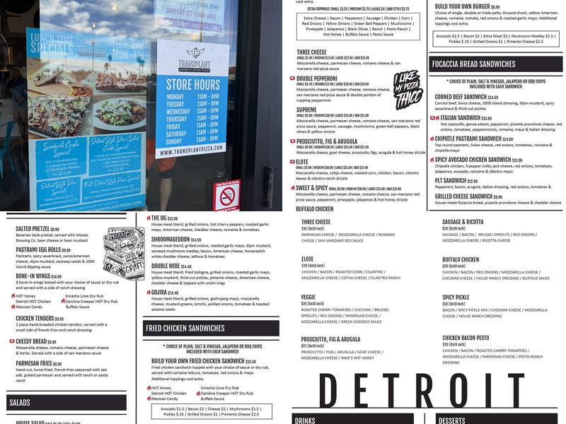 Transplant Detroit Style Pizza Menu