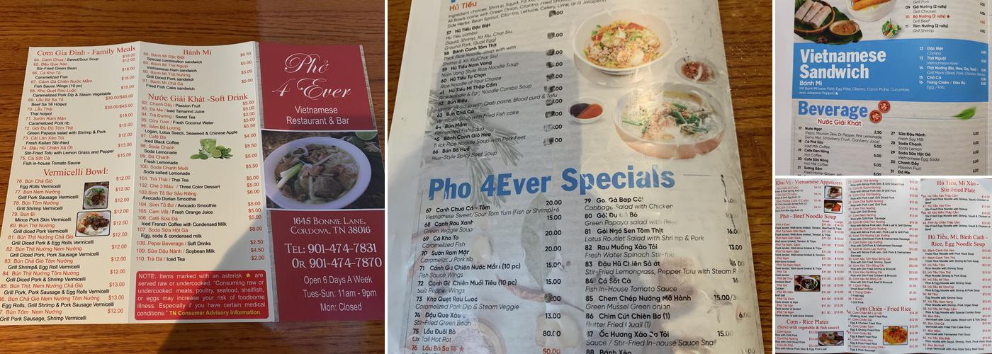 Pho 4ever Menu