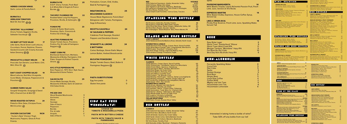 Fiorella Sunset Menu