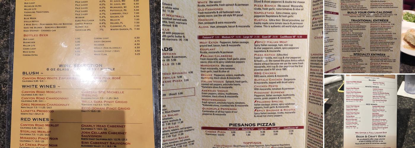 Piesanos Windermere Menu