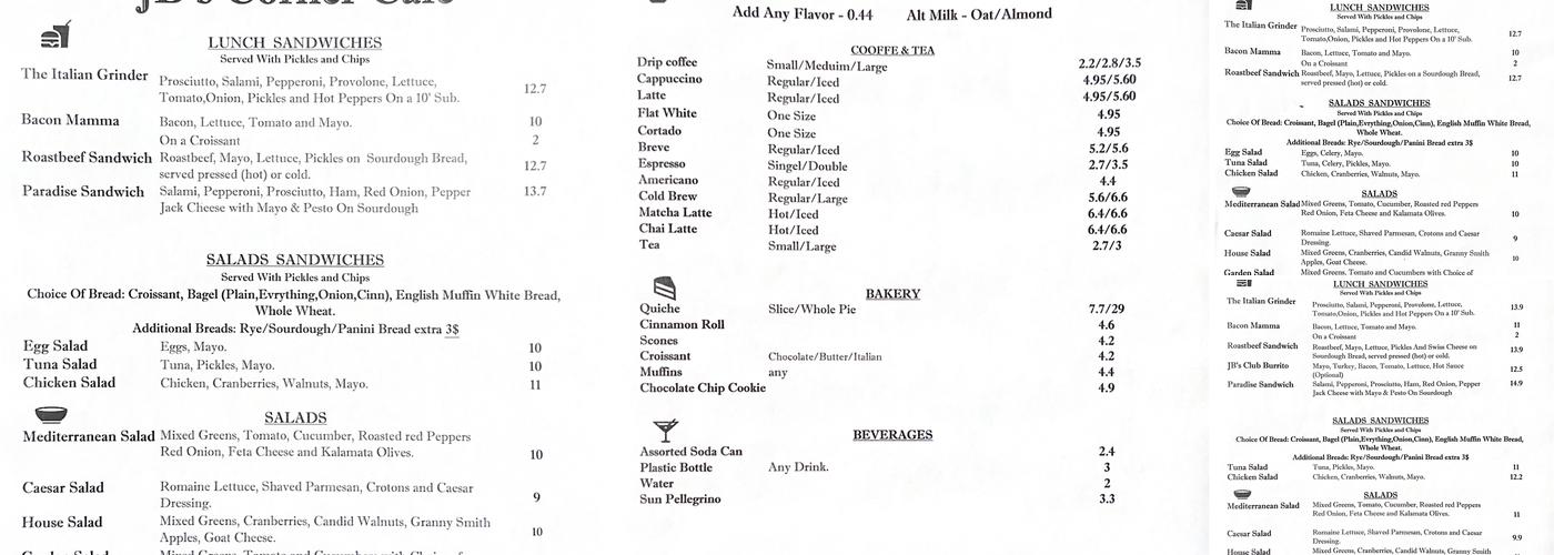 JB's Corner Cafe Menu