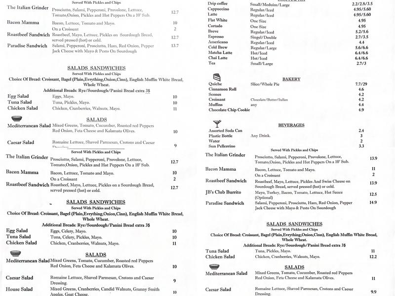 JB's Corner Cafe Menu