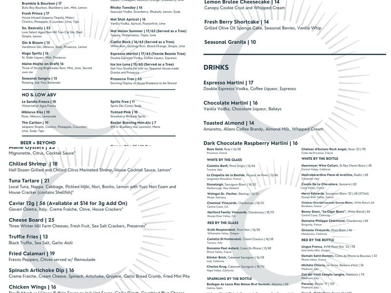 Luna Rooftop Bar Menu