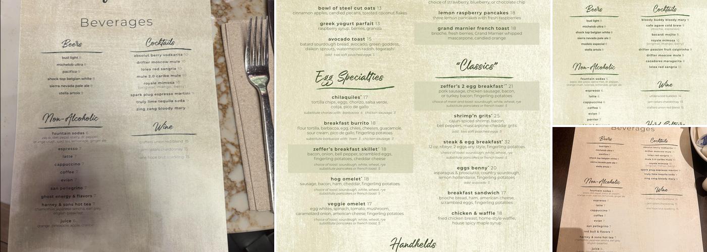 Zeffer’s Café Menu