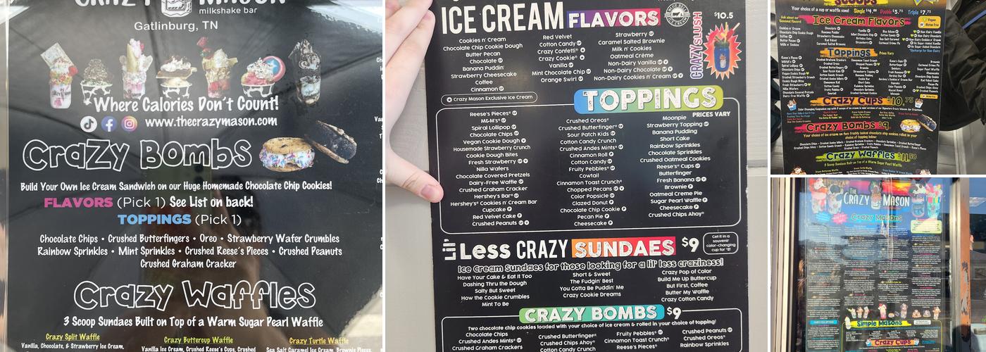 The Crazy Mason Milkshake Bar Gatlinburg Menu