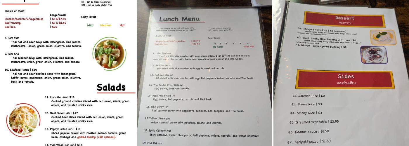 Thai Table Restaurant Menu