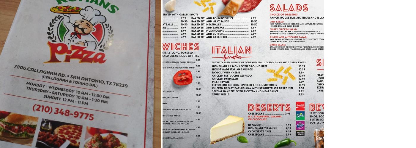 Romans Pizza Menu
