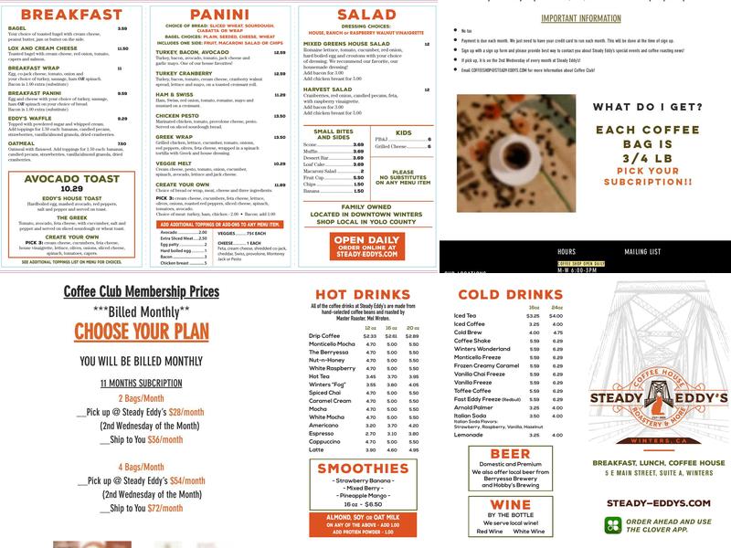 Steady Eddy's Coffee Roasting Room Menu