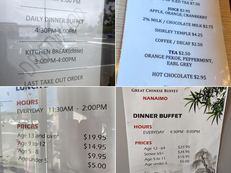 Driftwood Great Chinese Buffet Menu