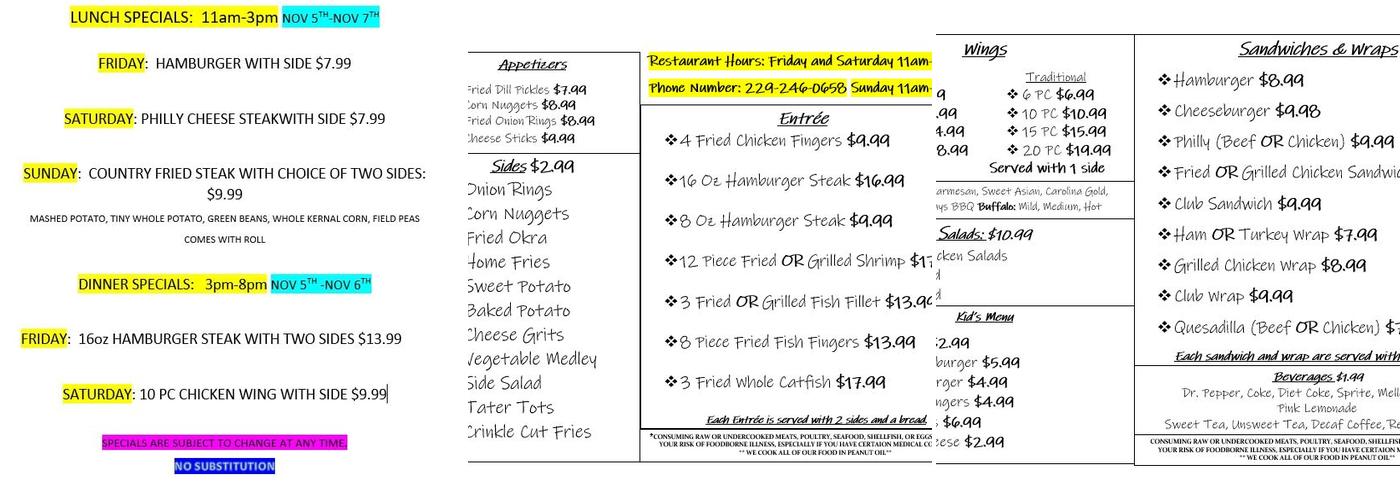 Mac's Point Lodge Marina Menu