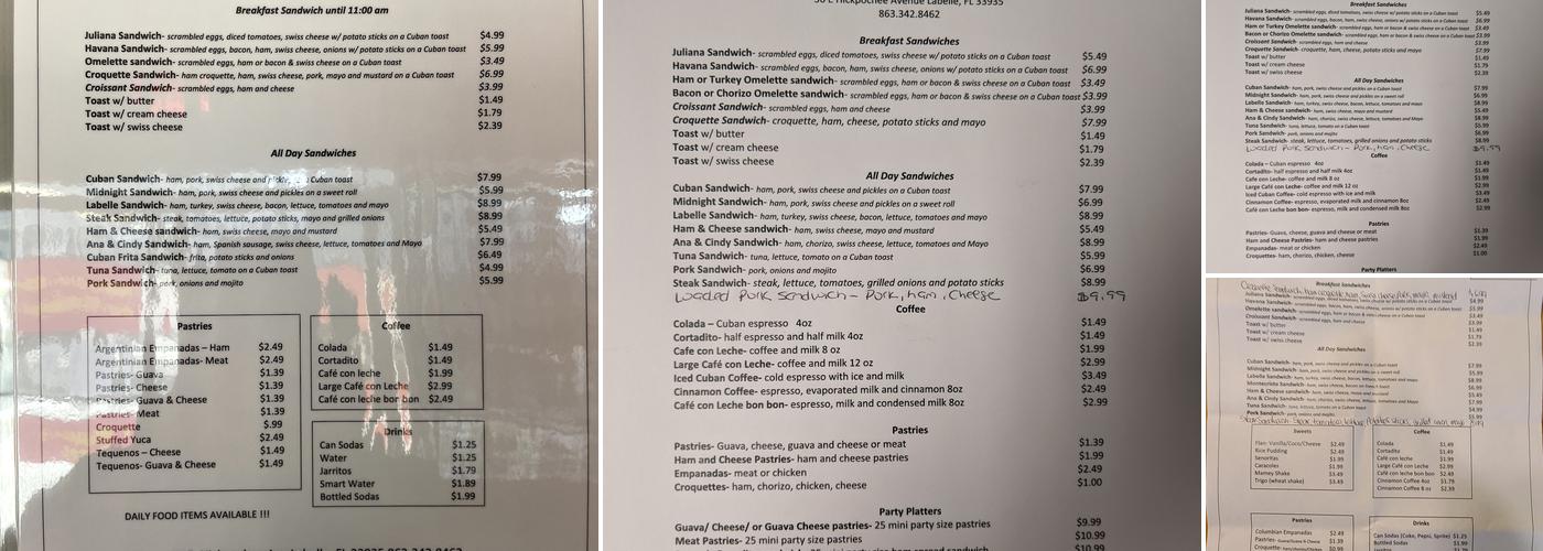 Ana and Cindy's Cuban Cafe Menu
