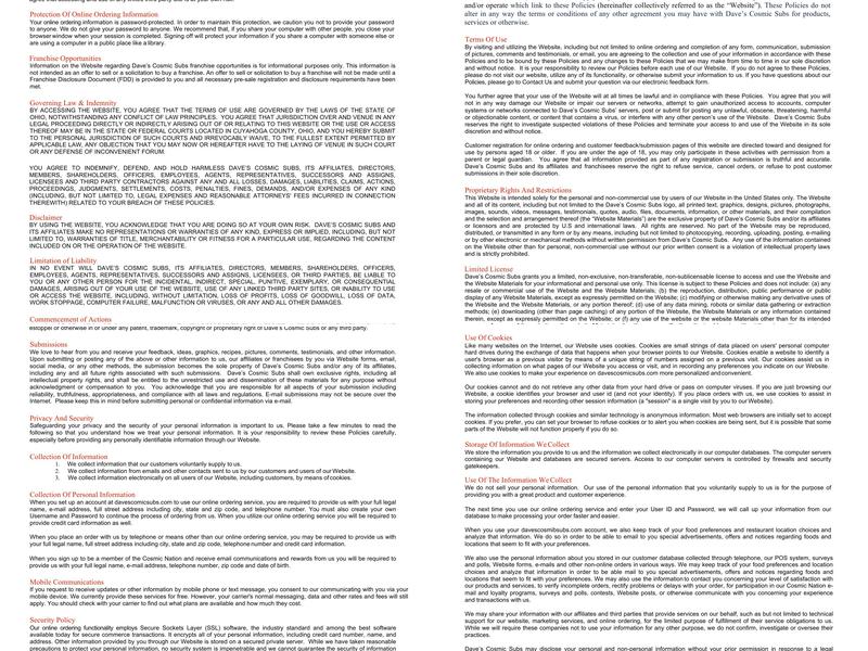 Dave's Cosmic Subs Menu