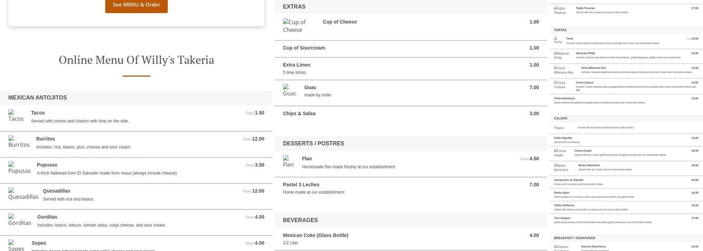 Willy's Takeria Menu