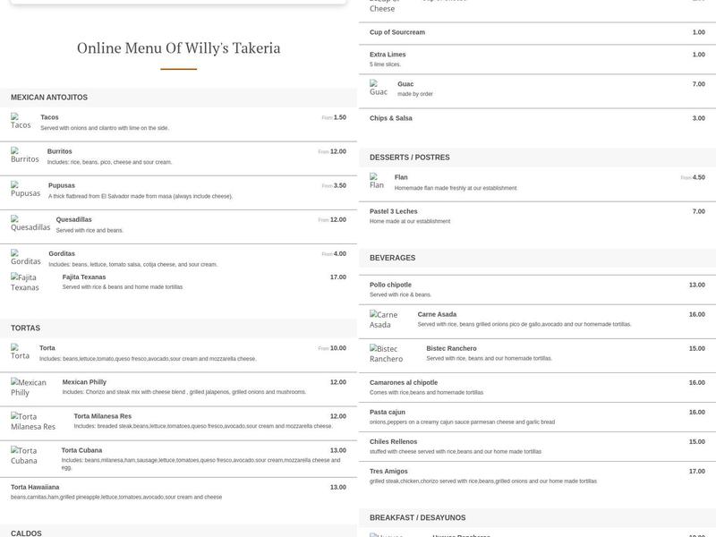 Willy's Takeria Menu
