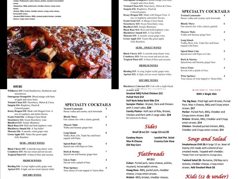 Twisted Vine Winery Dubois Menu