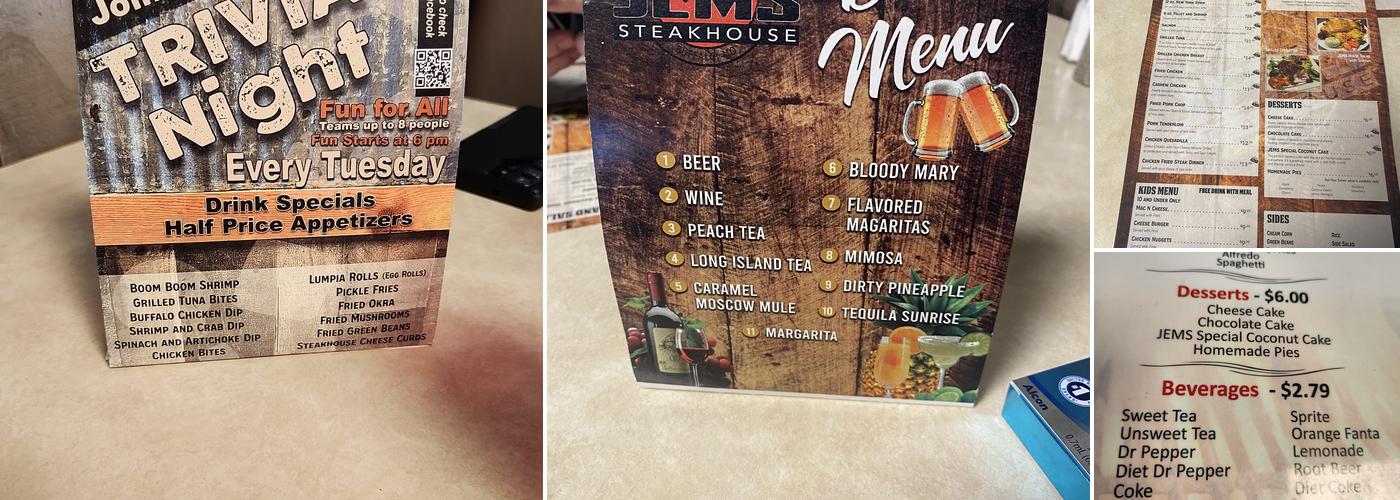 Jems steakhouse Menu