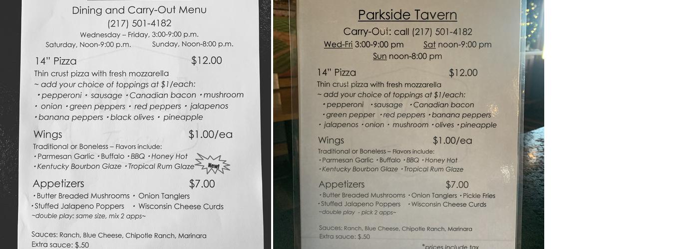 Parkside Tavern Menu