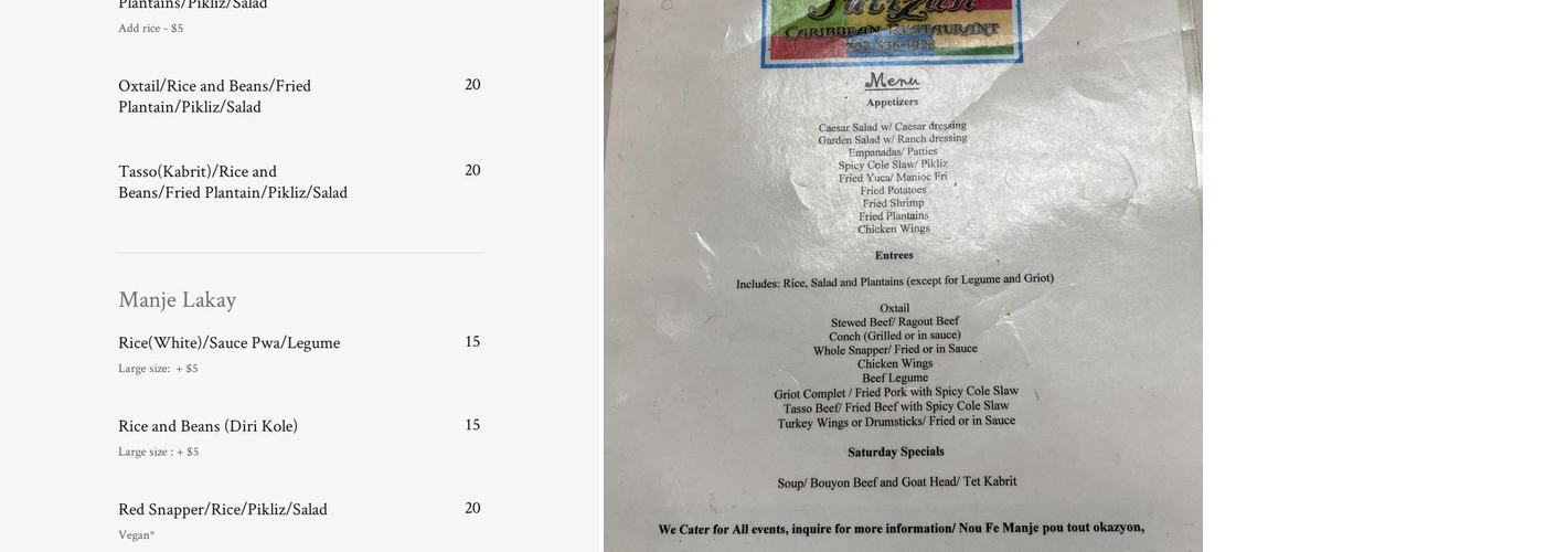Patizan Caribbean restaurant Menu