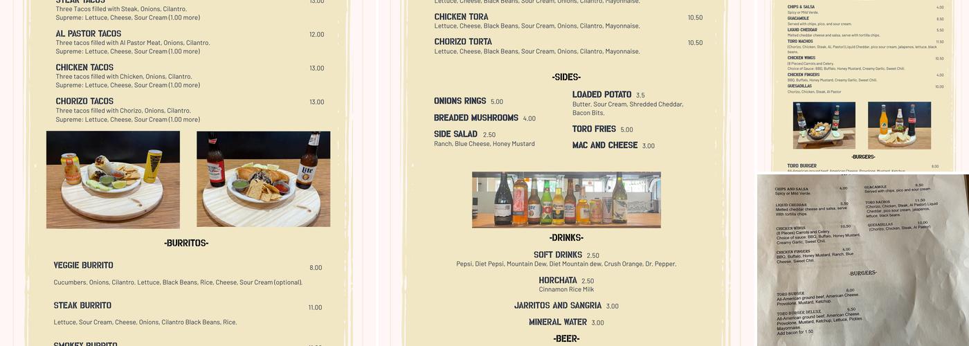 Toro Tex-Mex Menu