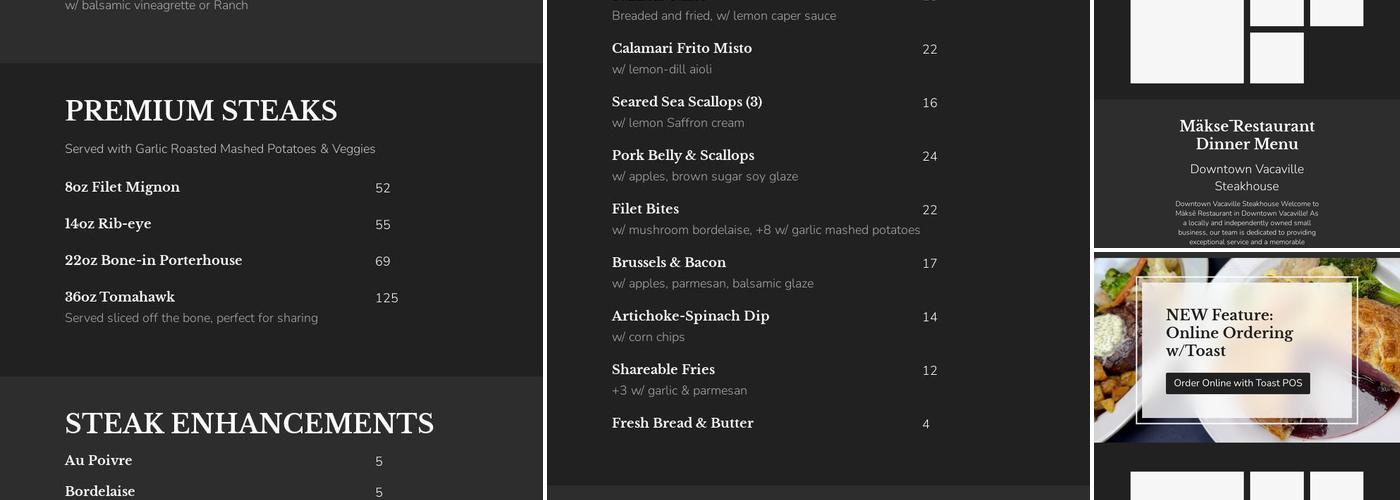 Makse Restaurant, Vacaville Menu