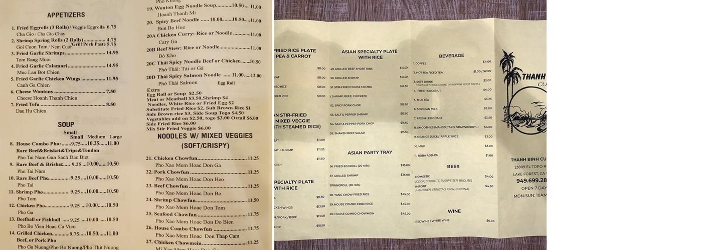 Thanh Binh Cuisine Menu