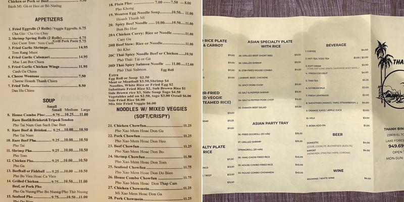 Thanh Binh Cuisine Menu