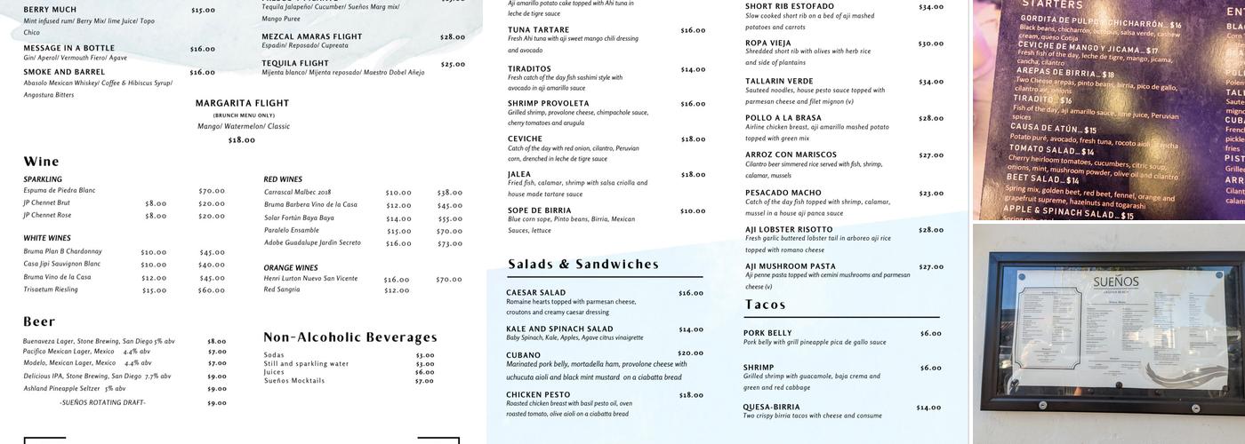 Sueños Laguna Beach Menu