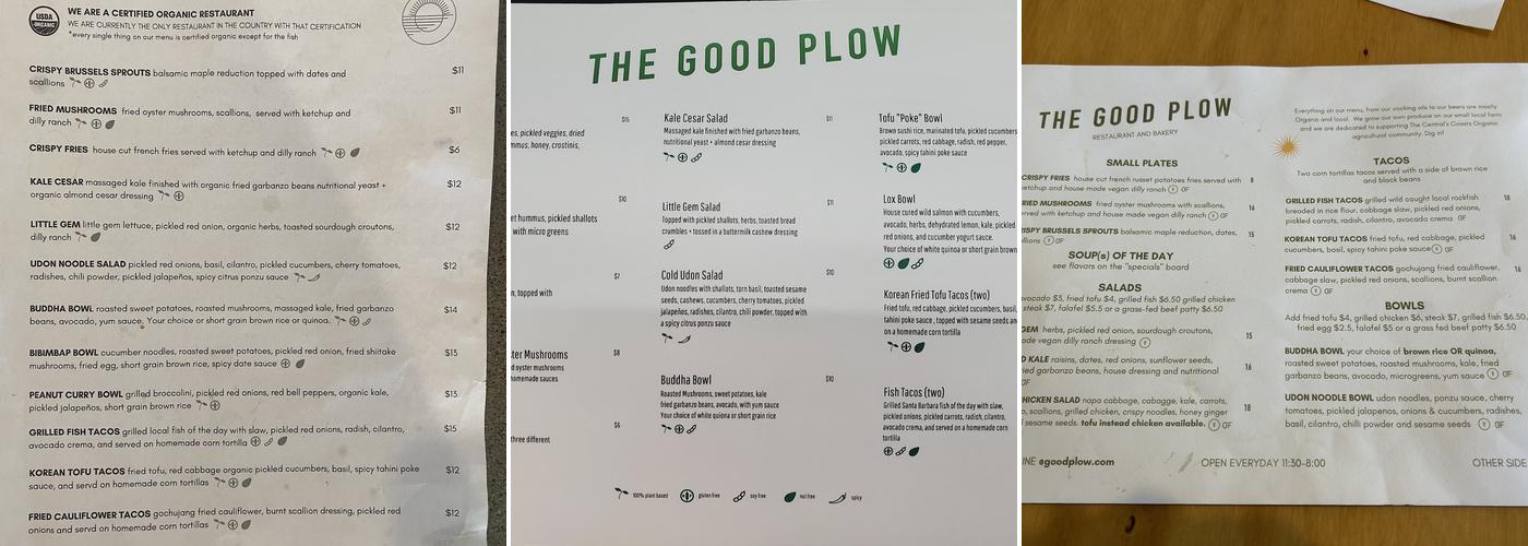The Good Plow Menu