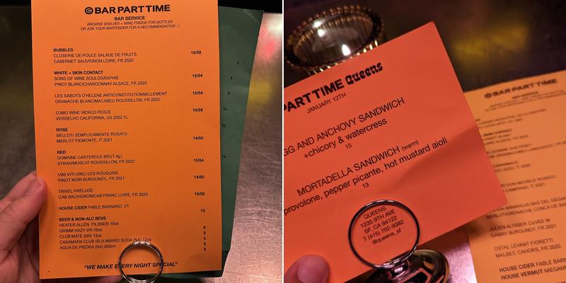 Bar Part Time Menu