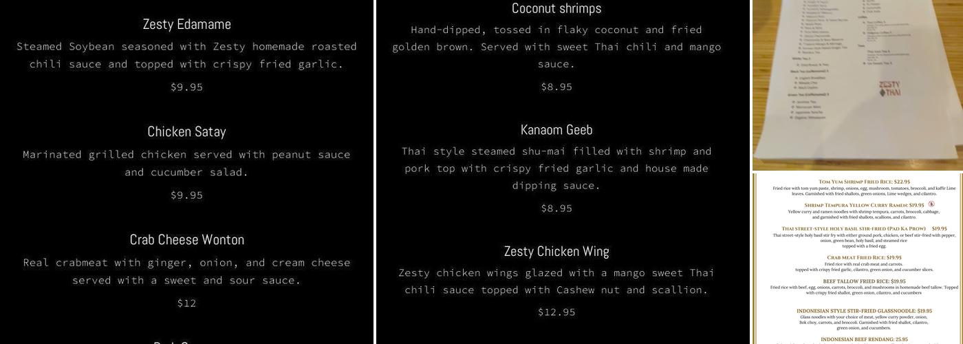 Zesty Thai Menu