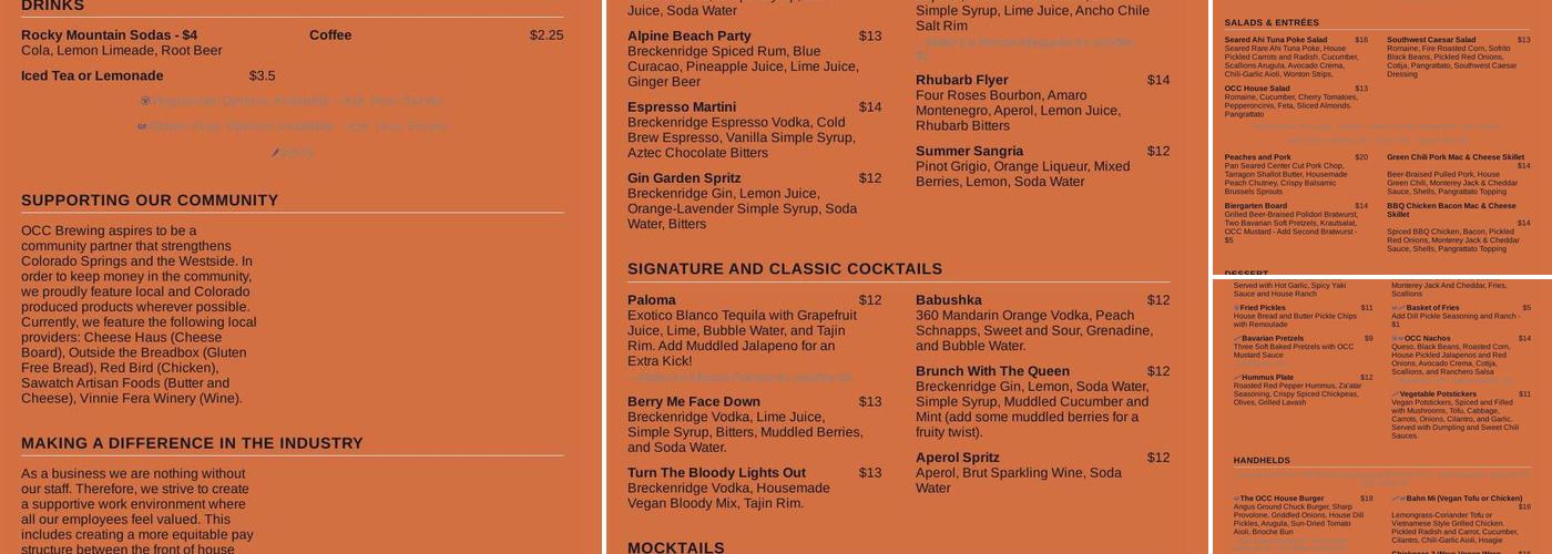 OCC Brewing and Restaurant Menu