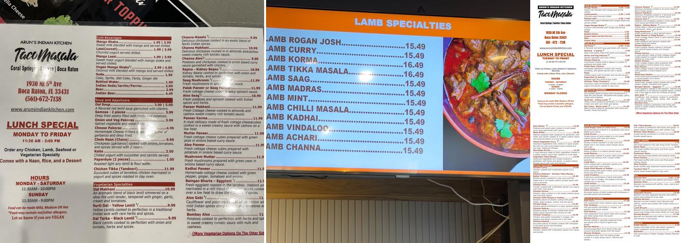 Arun's Indian Kitchen/ Taco Masala - Boca Raton Menu