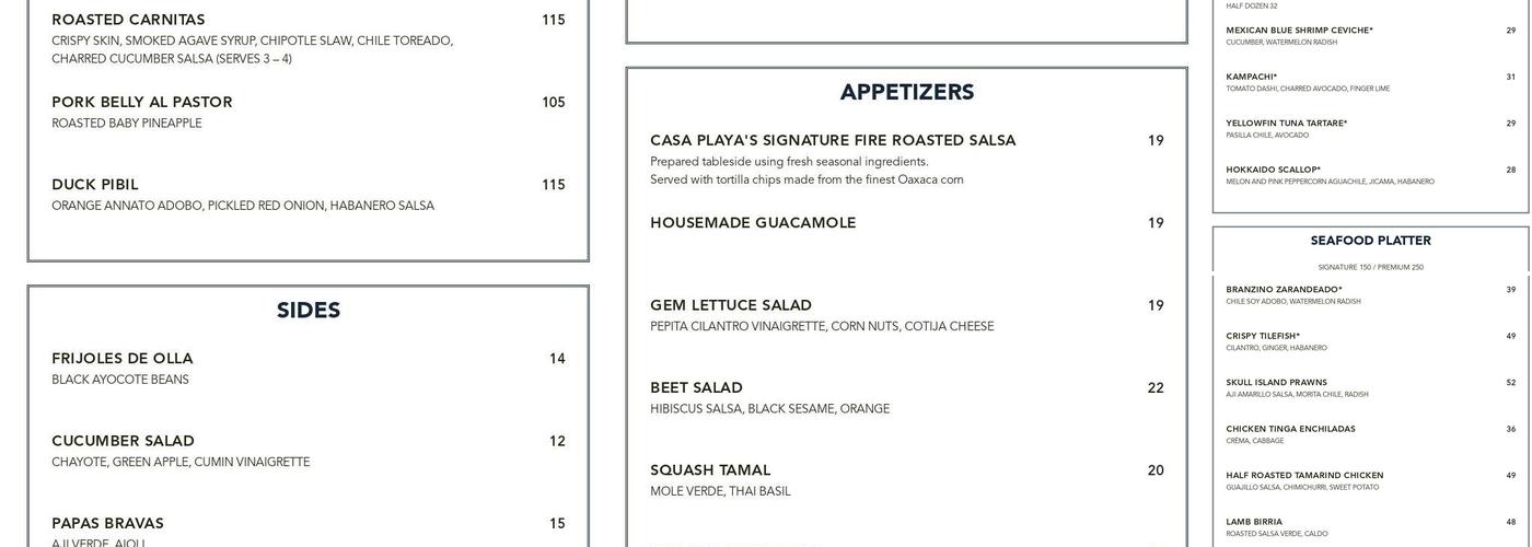 Casa Playa Menu