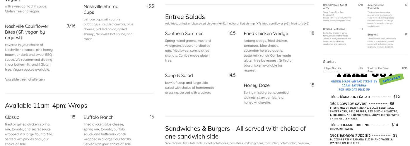 Julep Kitchen & Bar Menu
