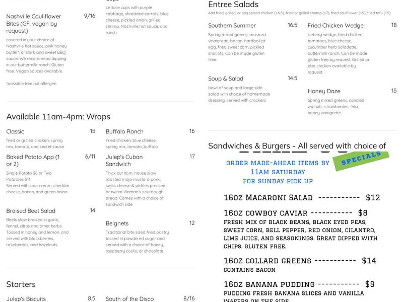 Julep Kitchen & Bar Menu