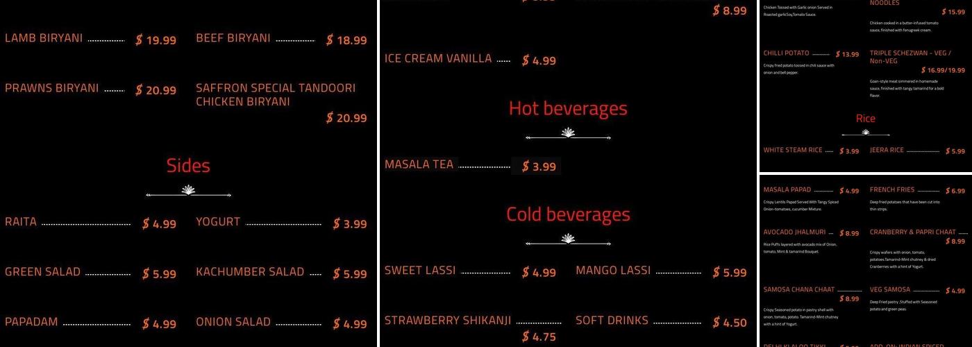 Saffron Indian Bistro Menu