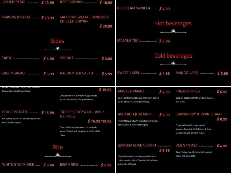 Saffron Indian Bistro Menu